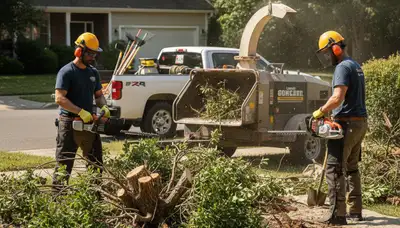 Salisbury, MD crew removing overgrown shrubs in a tight yard for safe, efficient shrub removal