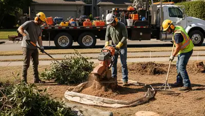 Salisbury, MD crew removing overgrown shrubs in a tight yard space