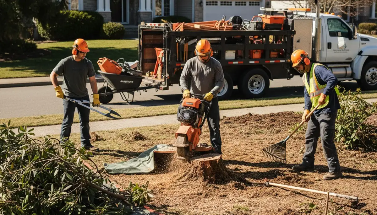 Salisbury, MD tree crew removing overgrown shrubs from a tight yard space