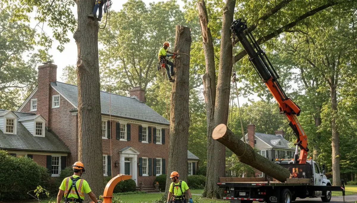 Tree service crew removing a tree in Salisbury, MD for safe residential property clearance