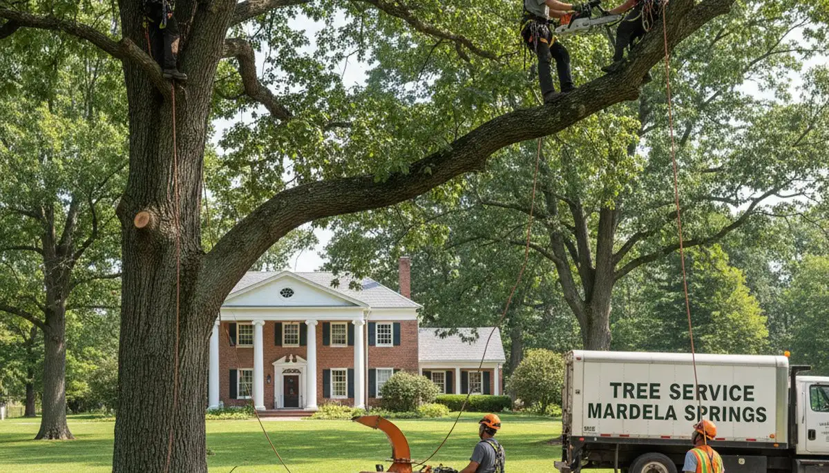 Tree service crew removing a tree in Salisbury, MD for safe residential property clearing