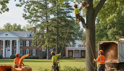 Tree service crew removing a tree in Salisbury, MD for safe residential property clearance