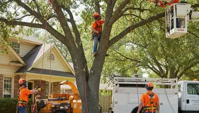 Tree service crew trimming a large tree in Salisbury, MD for safe, precise canopy care